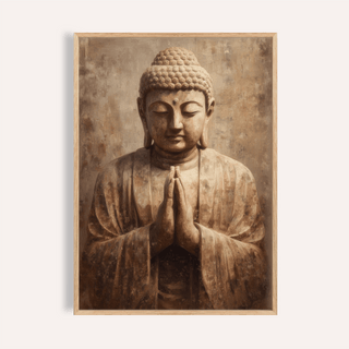 Framed Meditative Art Print of a Buddha statue with praying hands in warm brown tones