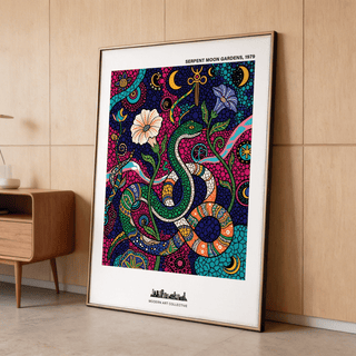 Coiled snake wall art poster featuring moon symbols and stylized blooms