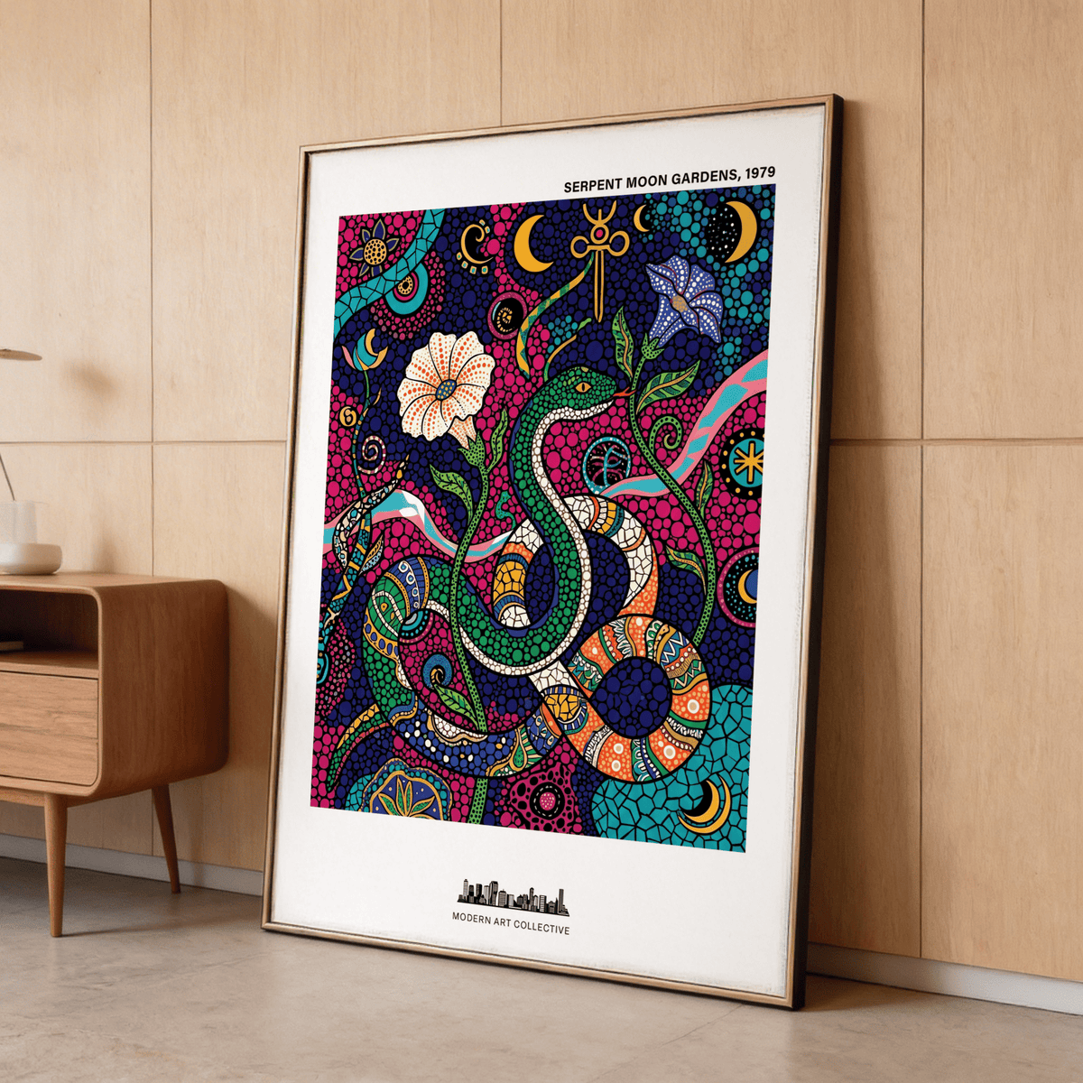 Coiled snake wall art poster featuring moon symbols and stylized blooms