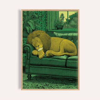 Sleeping lion wall art print on a tufted sofa with window and houseplant