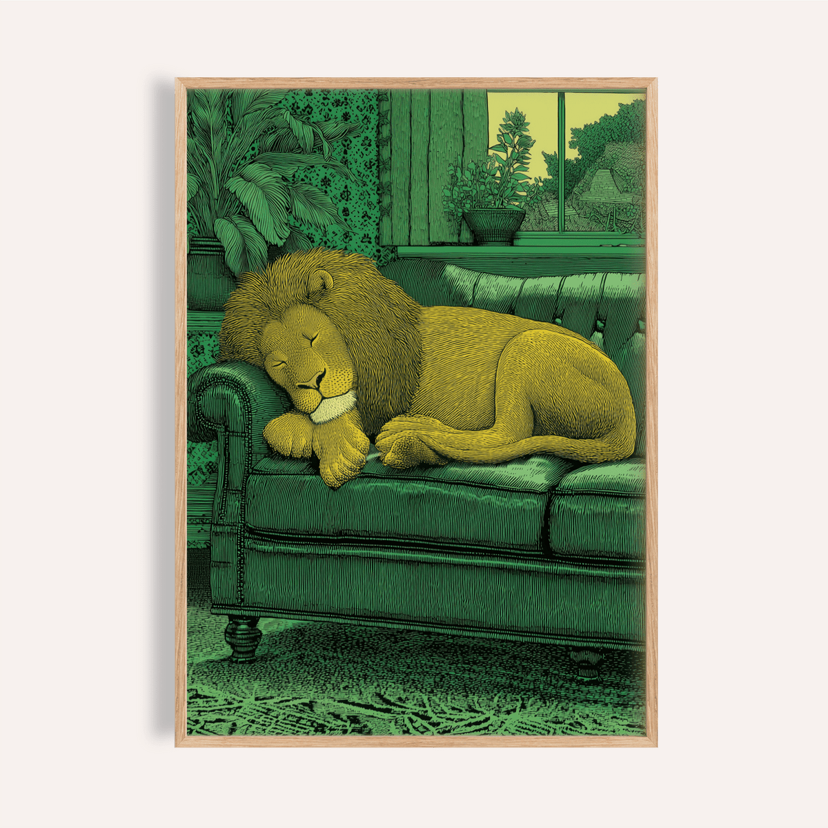 Sleeping lion wall art print on a tufted sofa with window and houseplant