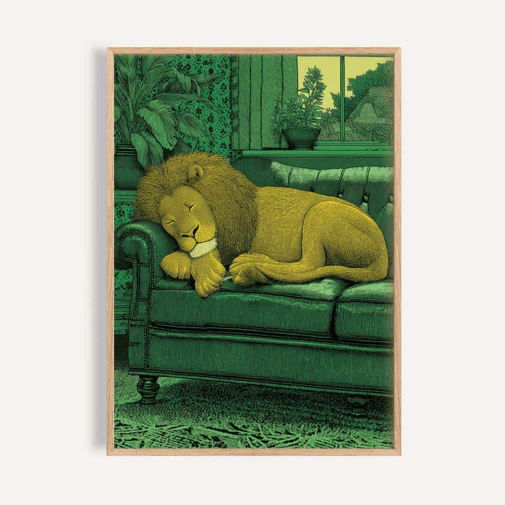 Sleeping lion wall art print on a tufted sofa with window and houseplant