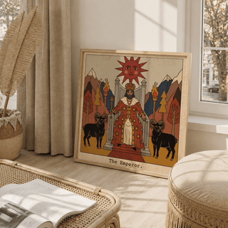 Front-facing The Emperor Tarot Card Art poster with mirrored rams and mountain backdrop