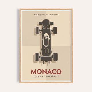 Front-facing view of Monaco Grand Prix Poster with top-down Formula 1 car and MONACO text wall art