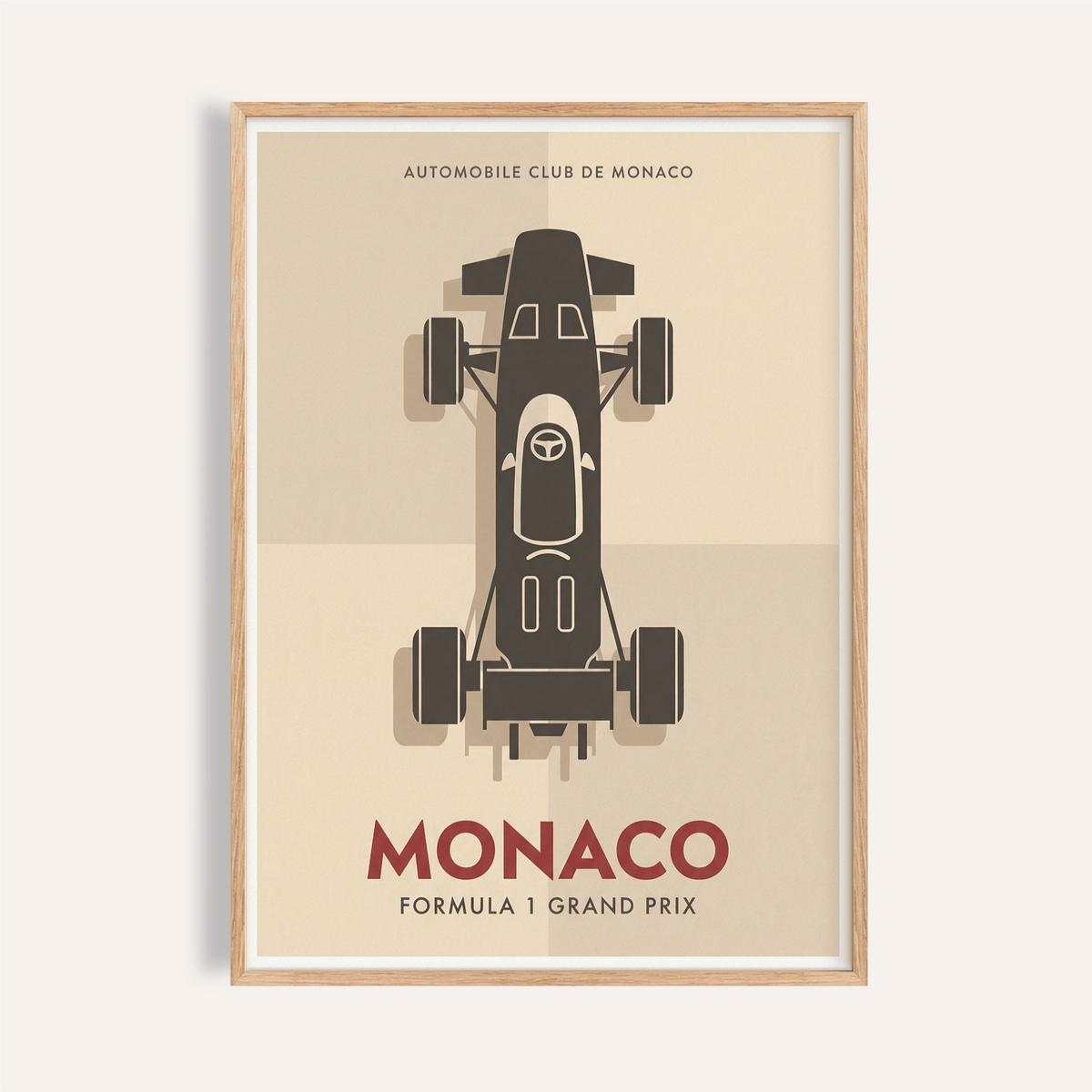 Front-facing view of Monaco Grand Prix Poster with top-down Formula 1 car and MONACO text wall art