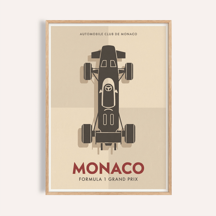 Front-facing view of Monaco Grand Prix Poster with top-down Formula 1 car and MONACO text wall art