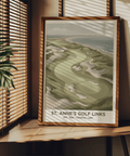 Graphic golf landscape wall art with curved fairway, ocean edge, and distant horizon