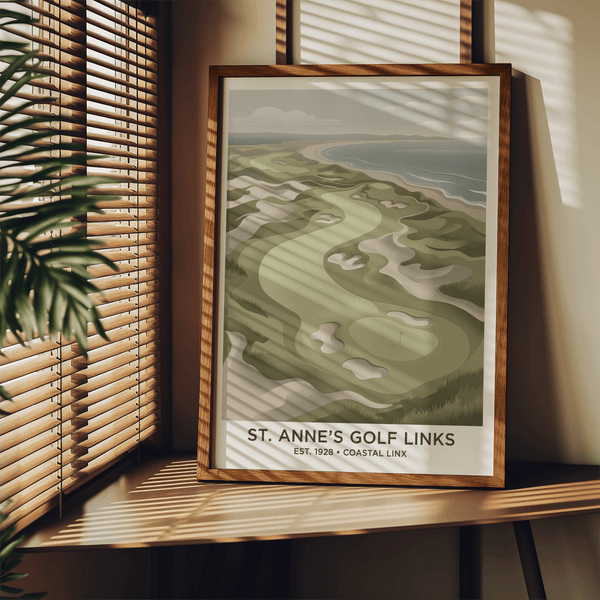 Graphic golf landscape wall art with curved fairway, ocean edge, and distant horizon