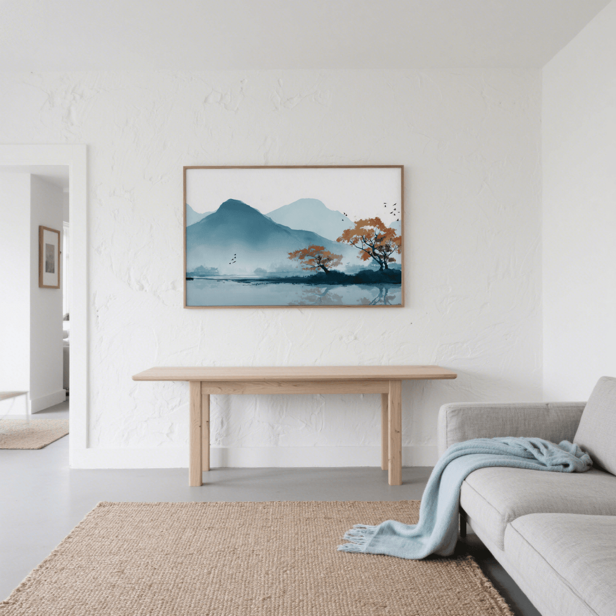 Modern Nature Wall Art Print in White, Blue, and Orange for hallway decor
