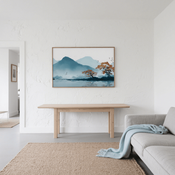 Modern Nature Wall Art Print in White, Blue, and Orange for hallway decor