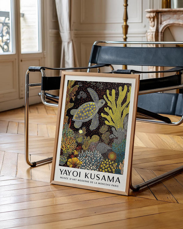 Graphic sea turtle wall art with ocean-inspired color palette.