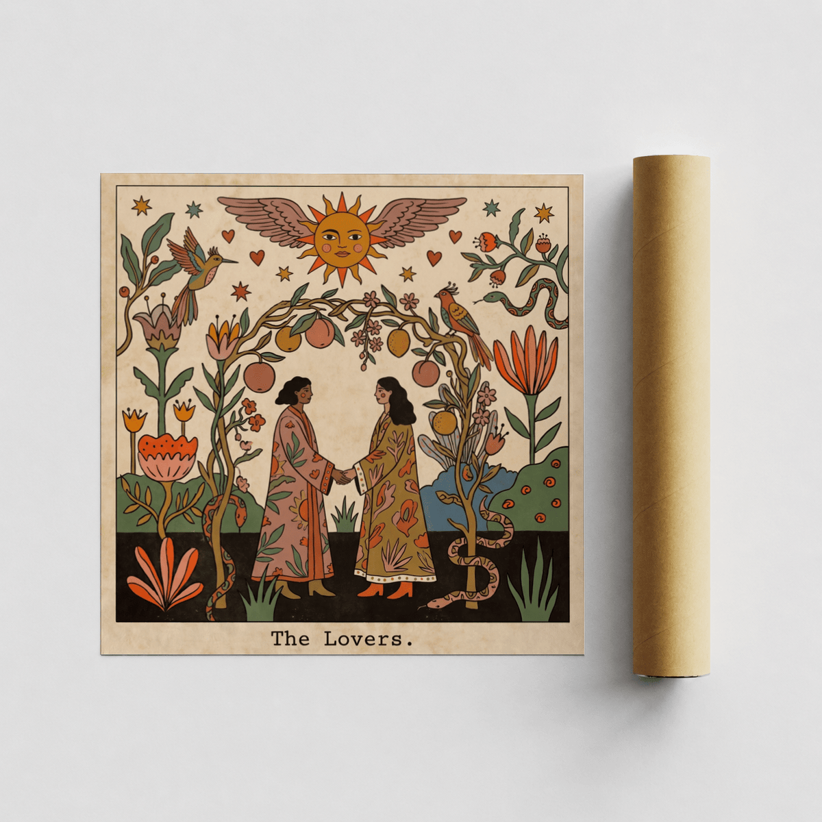 Detailed The Lovers Tarot Card Art print featuring tall flowers, curling vines, and a snake along the sides