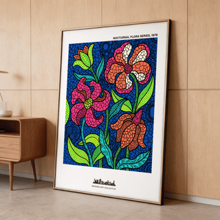 Decorative botanical poster showing stylized petals, long stems, and layered leaves