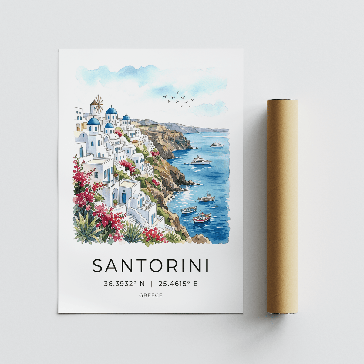 Santorini Art Print watercolor scene with village rooftops and coastline