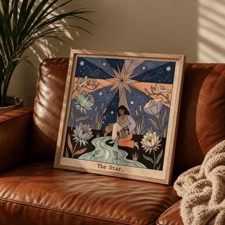 Modern tarot illustration poster with bold outlines, layered shapes, and star rays