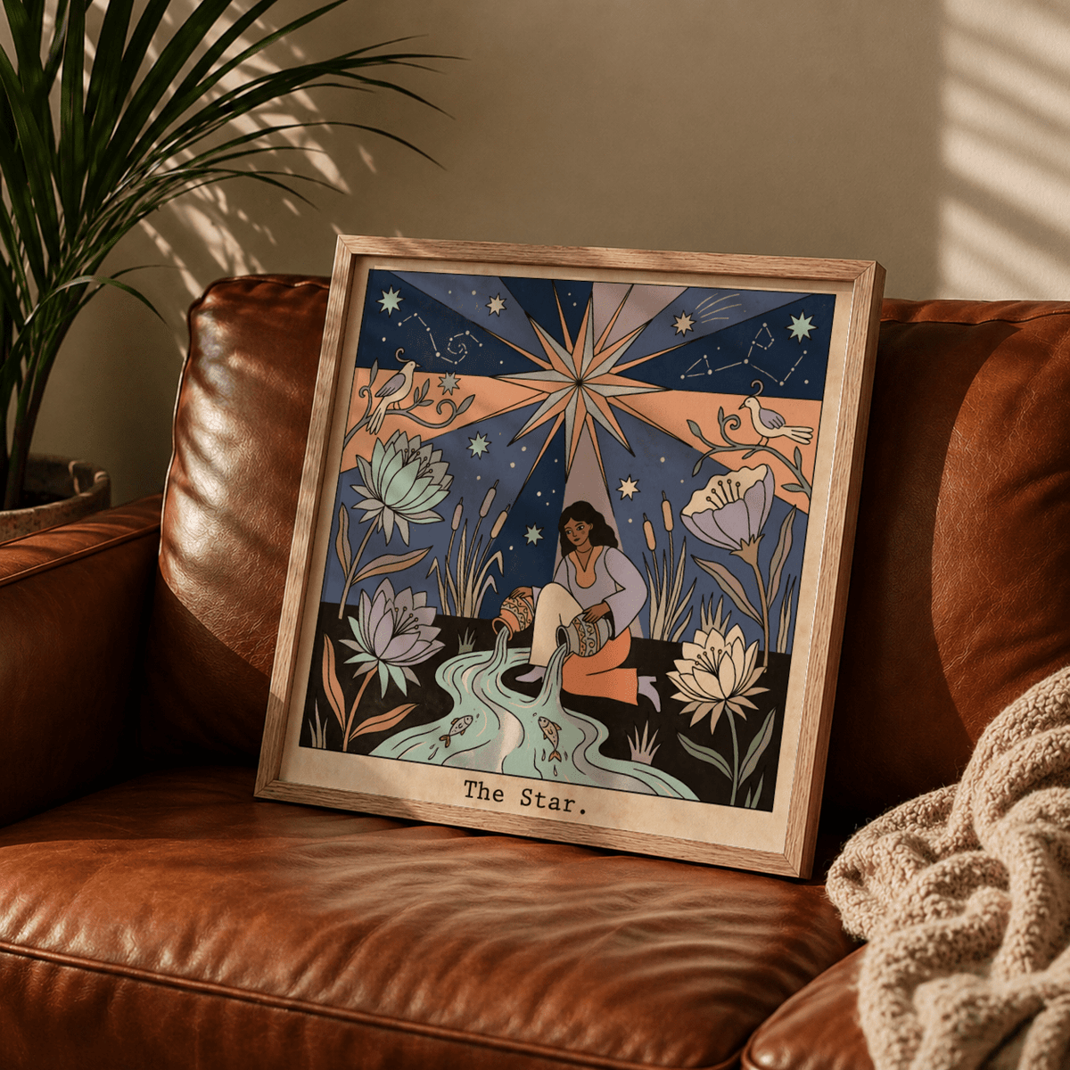 Modern tarot illustration poster with bold outlines, layered shapes, and star rays