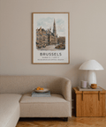 Hand-drawn cityscape poster of Brussels guild halls under blue sky