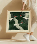 Minimalist Japanese wall art with red-crowned cranes.