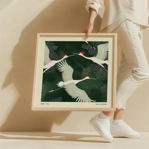 Minimalist Japanese wall art with red-crowned cranes.