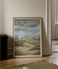 Illustrated Royal Birkdale Golf Art print with golfer silhouette on course and diagonal shot line toward sky