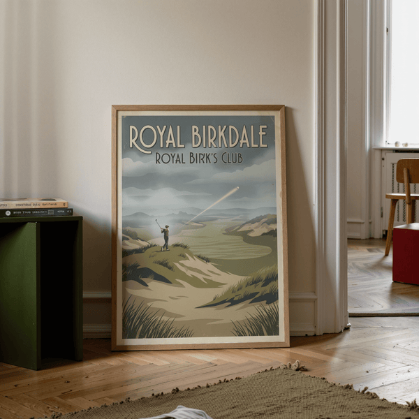 Illustrated Royal Birkdale Golf Art print with golfer silhouette on course and diagonal shot line toward sky