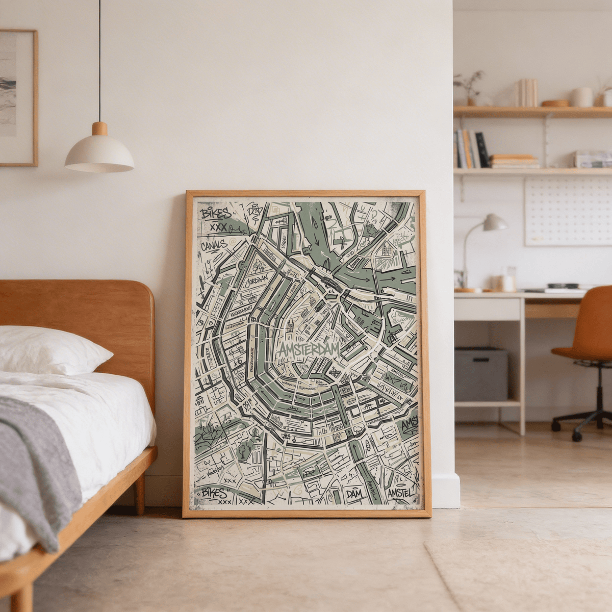 Graphic Amsterdam Map Art Print poster highlighting canals, bridges, and dense streets