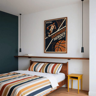 Retro sports wall art print with basketball hoop net graphic and diagonal stripes