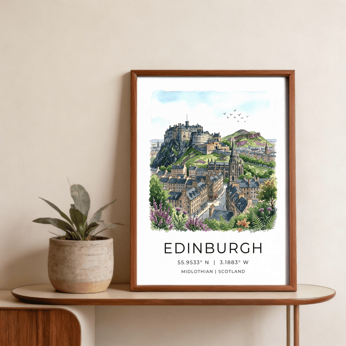 Detailed Edinburgh Cityscape Art Print poster featuring church spire and winding street