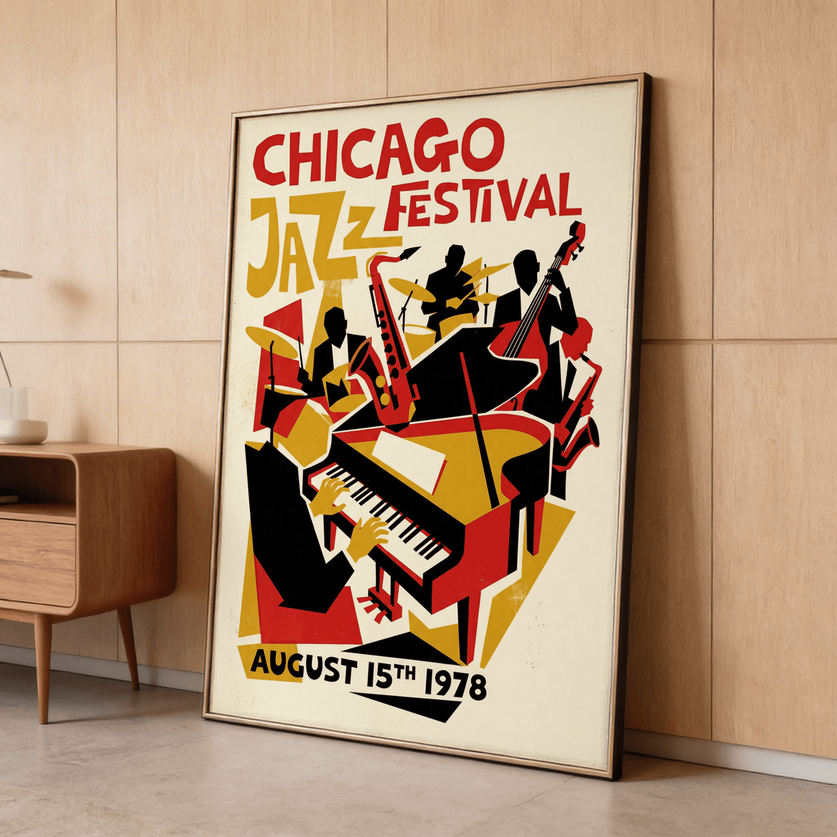 Highlighting Chicago Jazz Festival Poster print with drum kit, upright bass, and piano keys