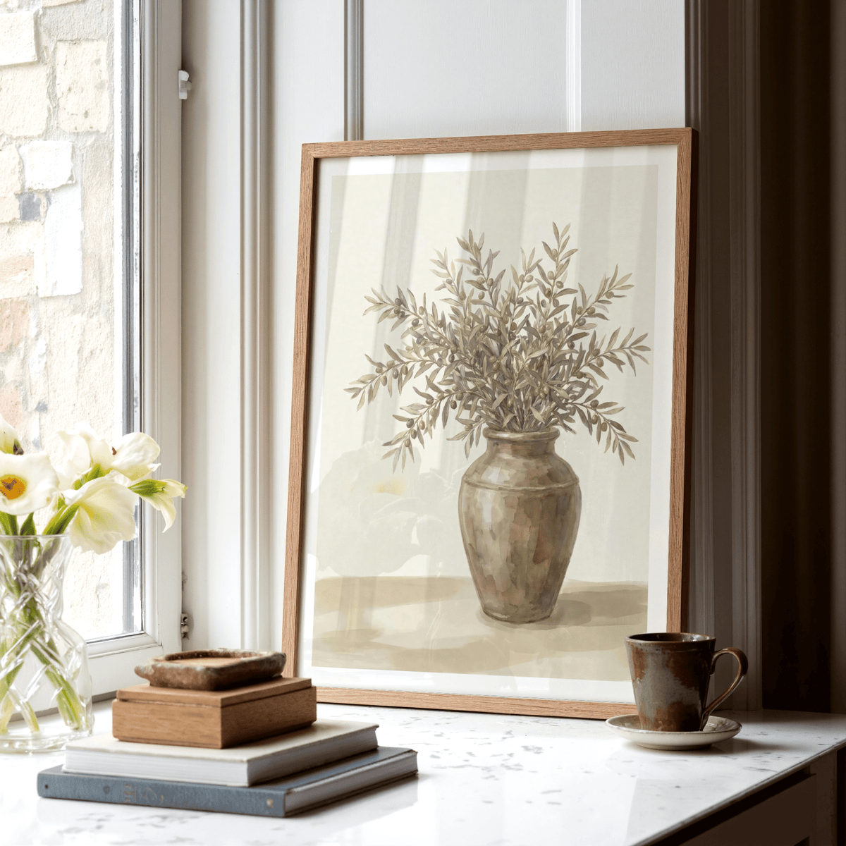 Olive Branch Decor art, green and beige, dining room wall art