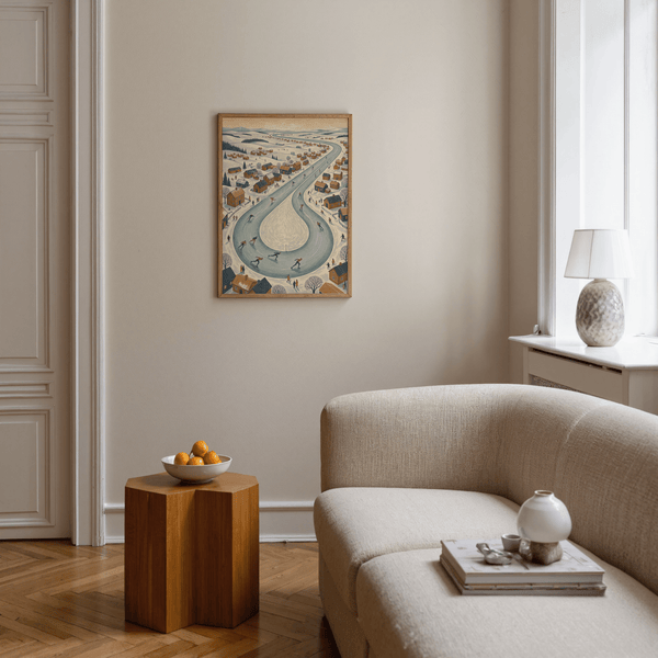 Winter Village Scene poster with White snow and Blue ice for hallway decor