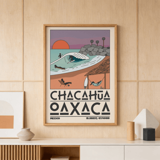 Mexico Beach Art Print with orange sun over Chacahua surf break