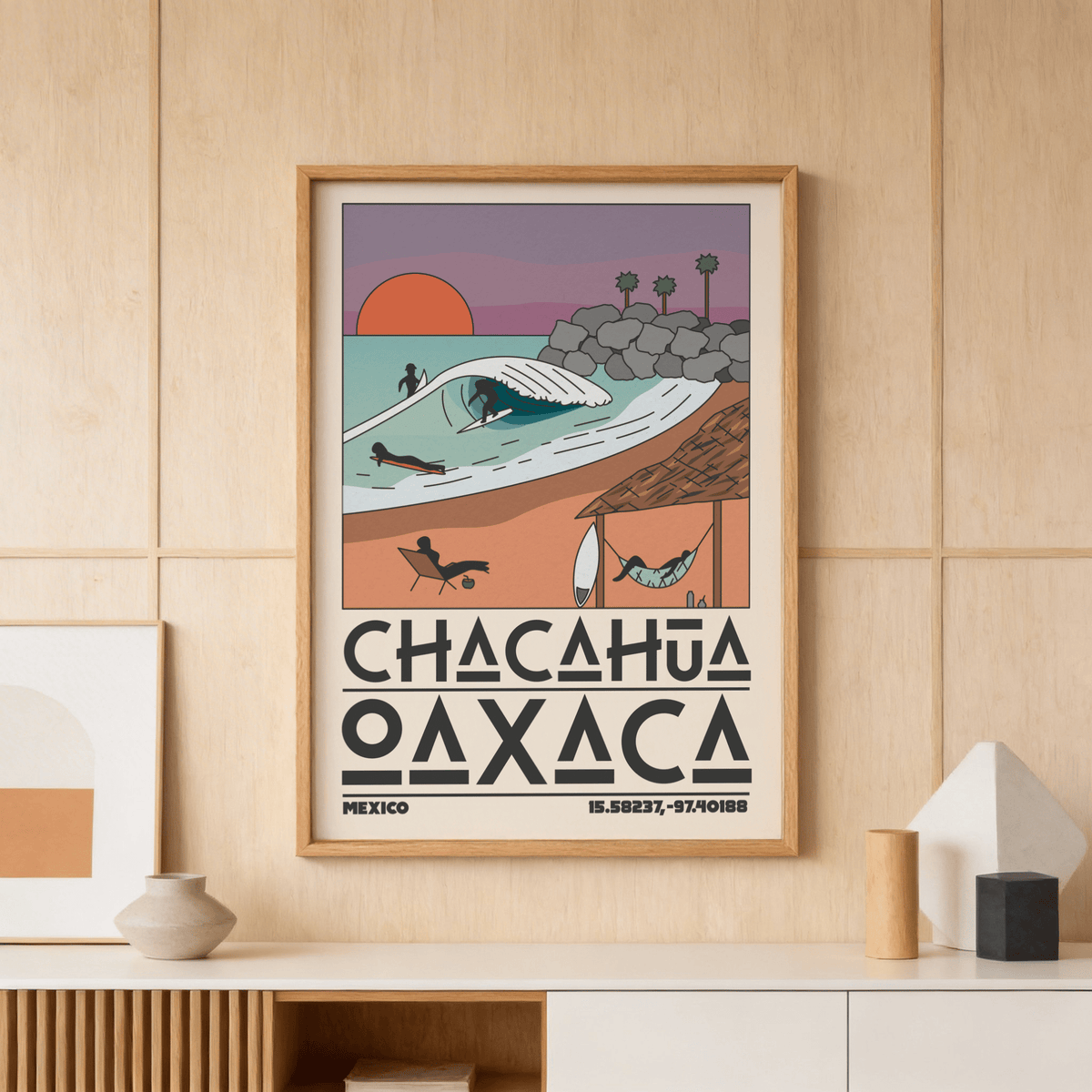 Mexico Beach Art Print with orange sun over Chacahua surf break