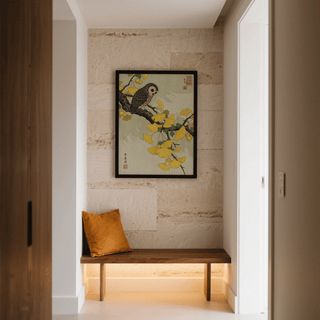 Owl and Ginkgo Print for entryway featuring Green and Yellow details