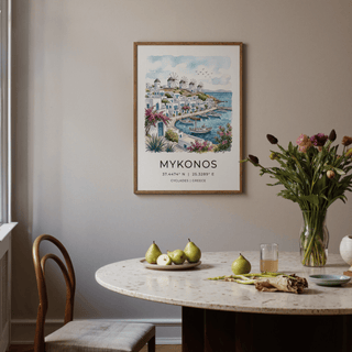 Seaside poster print showing white houses, flowering shrubs, and blue harbor