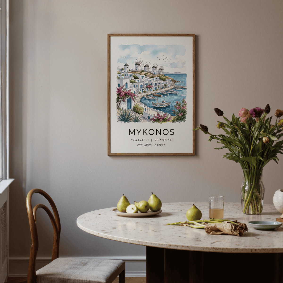 Seaside poster print showing white houses, flowering shrubs, and blue harbor