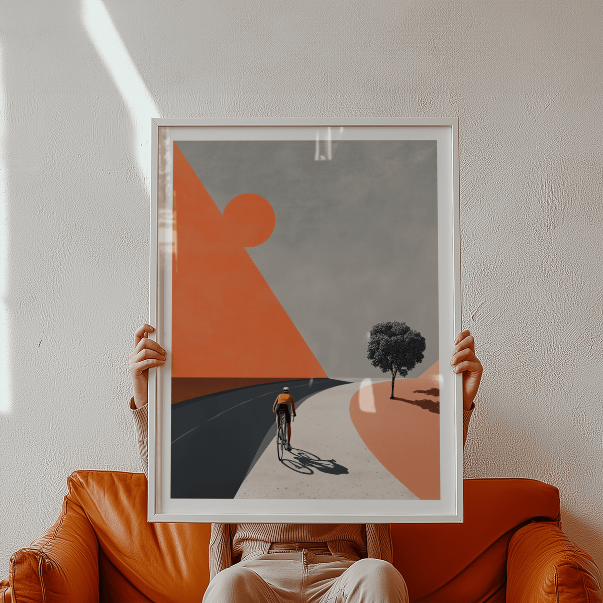 Graphic landscape poster with circular sun shape, angular hill, and cyclist silhouette
