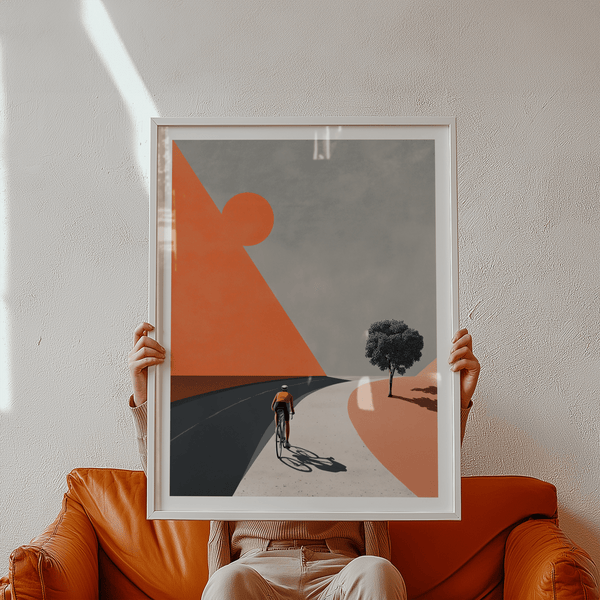 Graphic landscape poster with circular sun shape, angular hill, and cyclist silhouette
