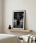 Black and White Elephant Print artwork of central elephant portrait beneath dramatic clouds