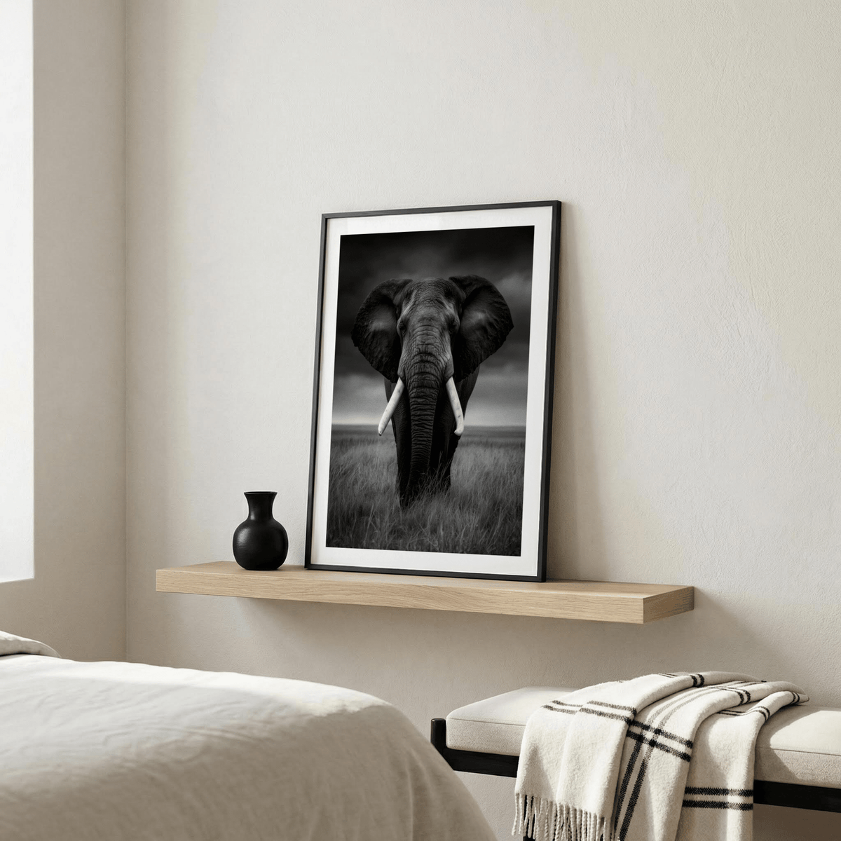 Black and White Elephant Print artwork of central elephant portrait beneath dramatic clouds