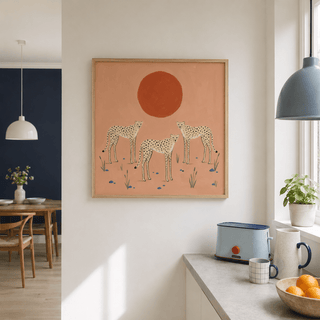 Front view of Cheetah Art Print with three cheetahs and circular sun