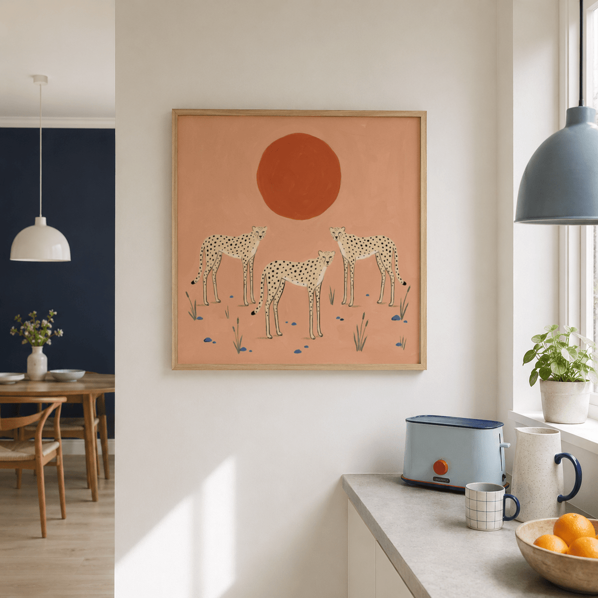 Front view of Cheetah Art Print with three cheetahs and circular sun