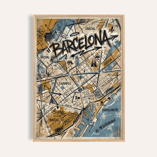 Bold Barcelona City Map Art poster with hand-lettered title over street grid