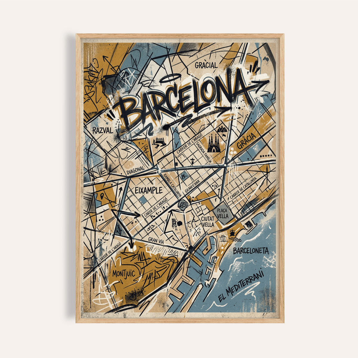 Bold Barcelona City Map Art poster with hand-lettered title over street grid