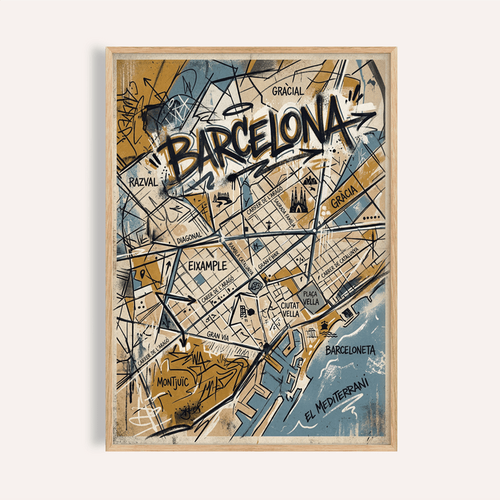 Bold Barcelona City Map Art poster with hand-lettered title over street grid