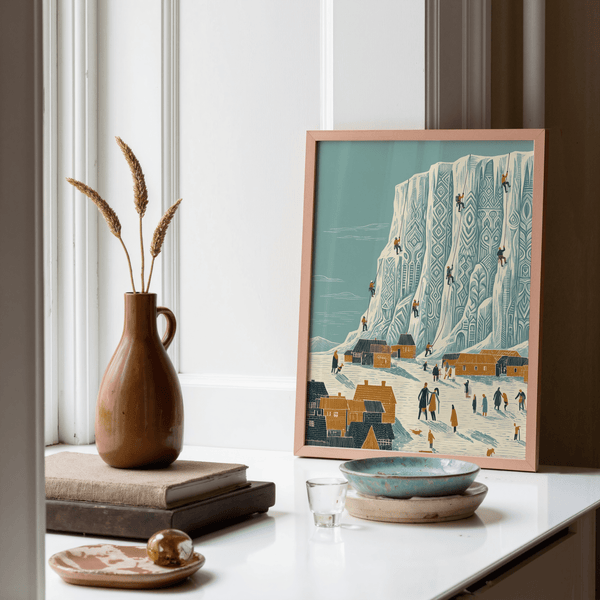 Mountain Climbing Art Print in Blue and White for hallway display