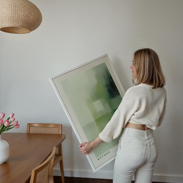 Modern color field composition shown in olive green wall art.