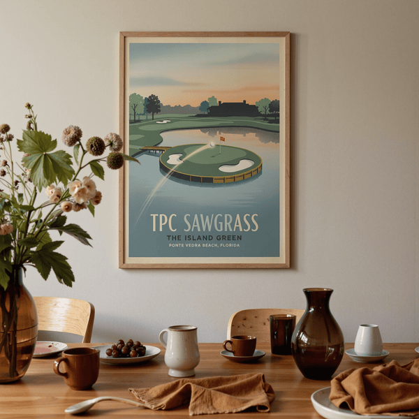 Typography travel-style poster print reading TPC Sawgrass The Island Green Ponte Vedra Beach Florida