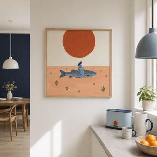 Whimsical wall art print with dotted fish body and striped dress figure