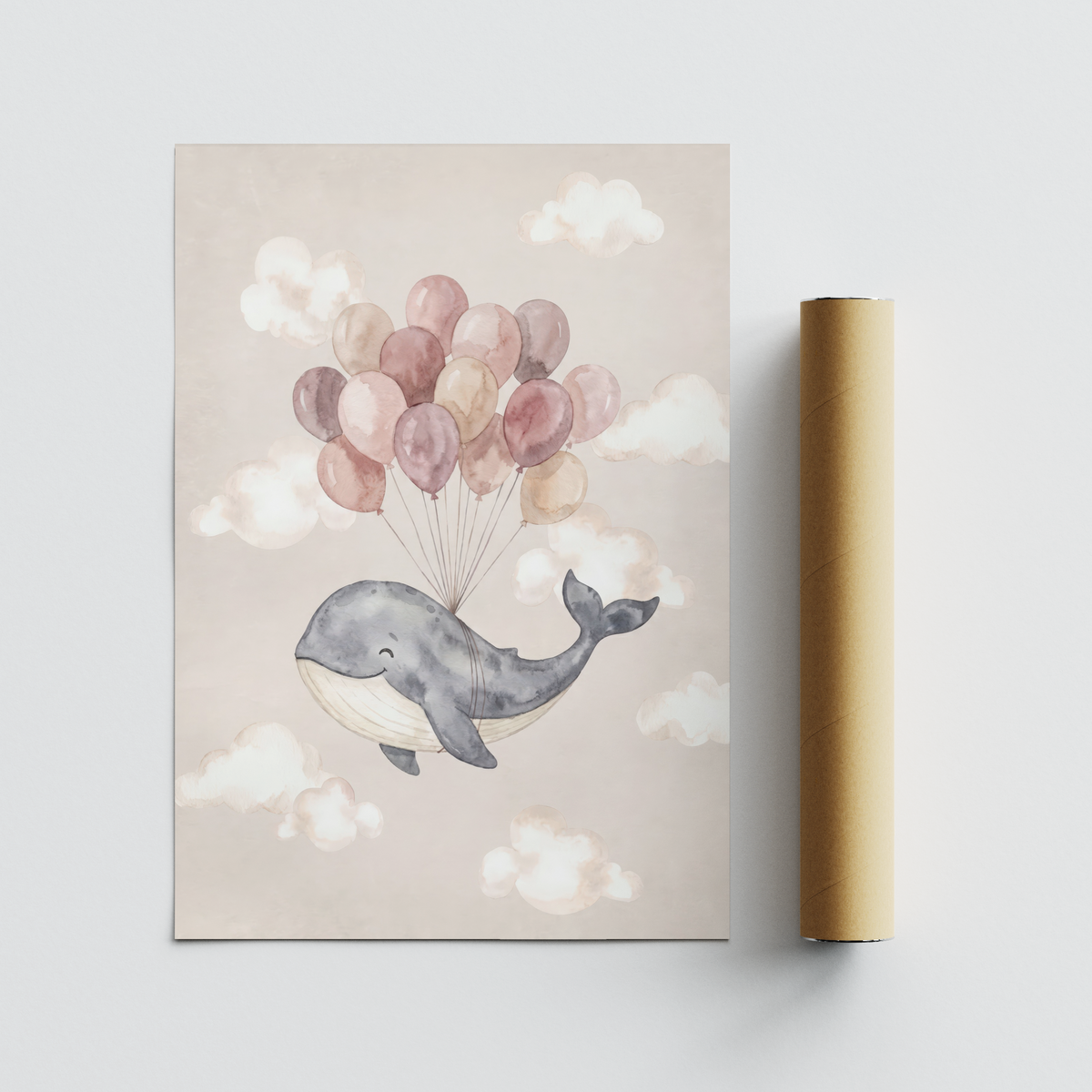 Playful ocean animal poster of a whale flying with balloons, Cute Whale Poster